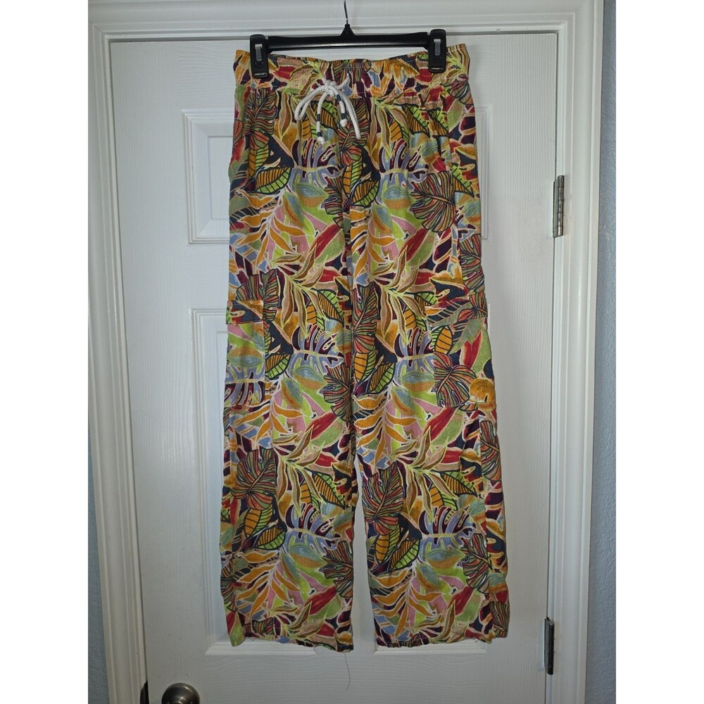 C & C California Linen Blend Wide Pants w/Pockets Tropical Floral Beach Sz Small